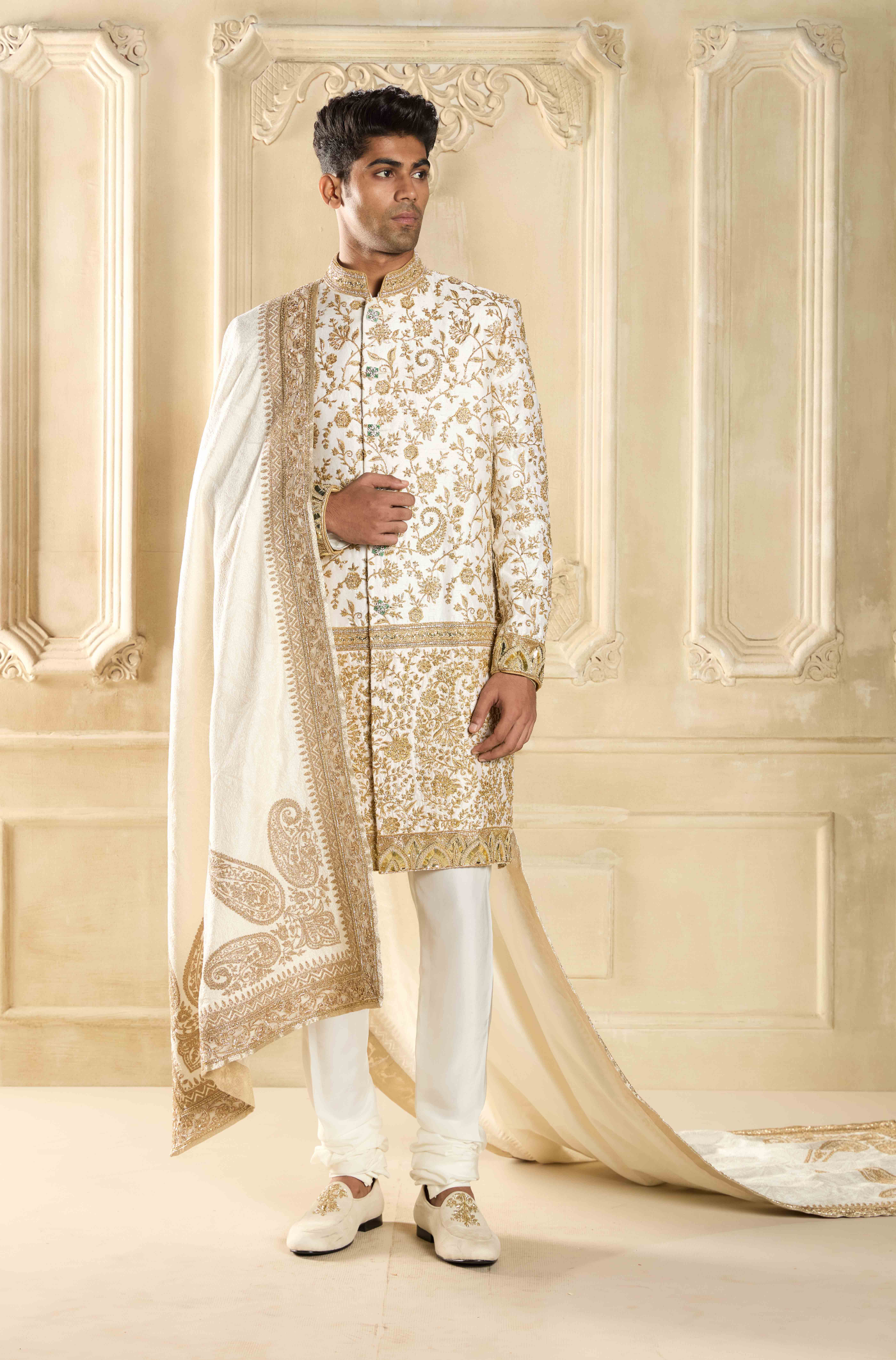 Ivory Antique Gold Paisley Embroidered Sherwani Set