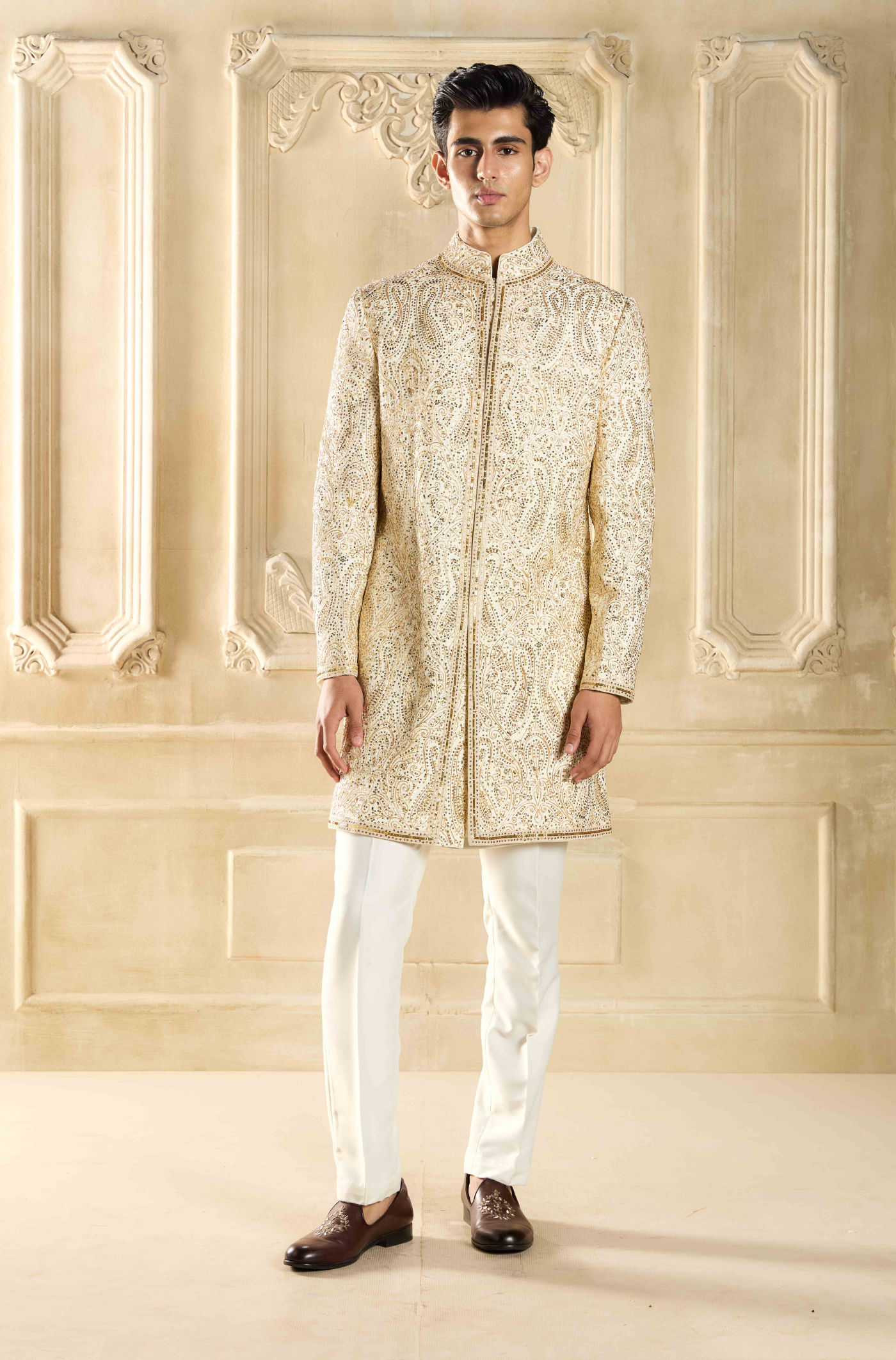 Ivory Chanderi Silk Sherwani Set