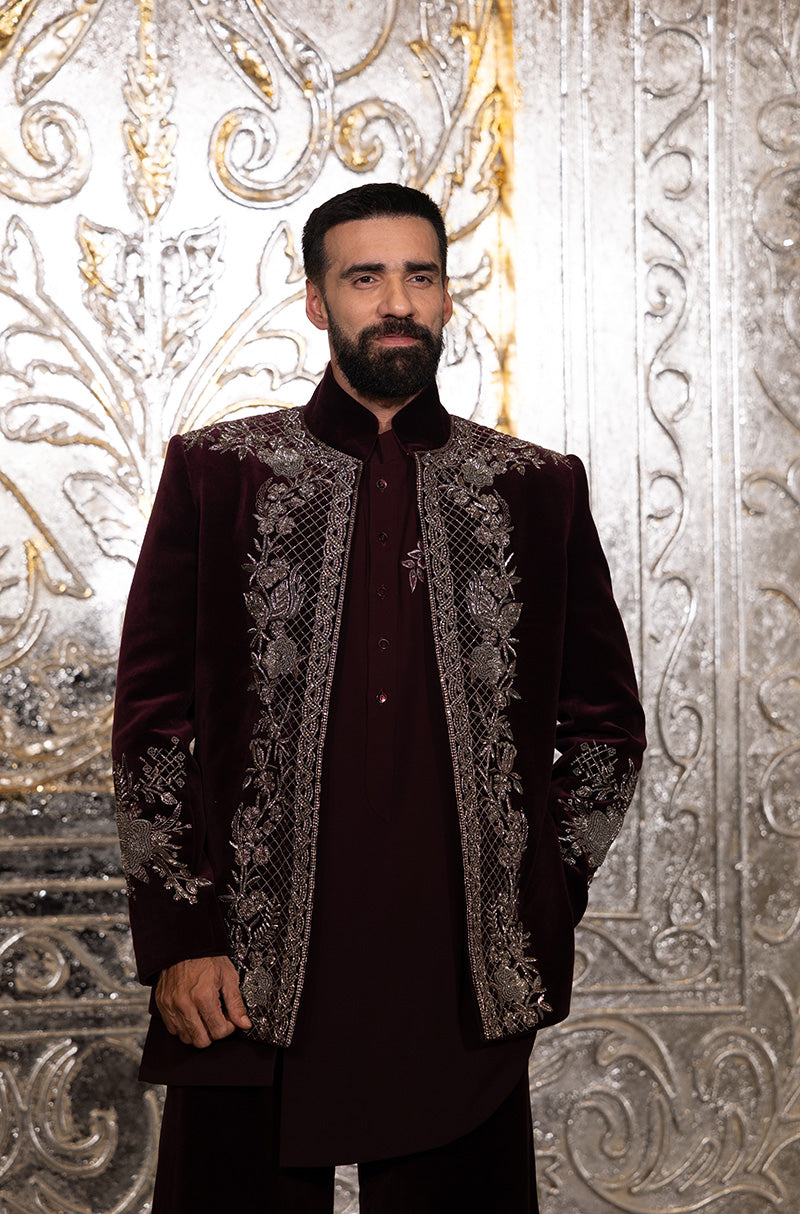 Avinash Tiwari in our Wine Velvet Embroidered Short Sherwani Set