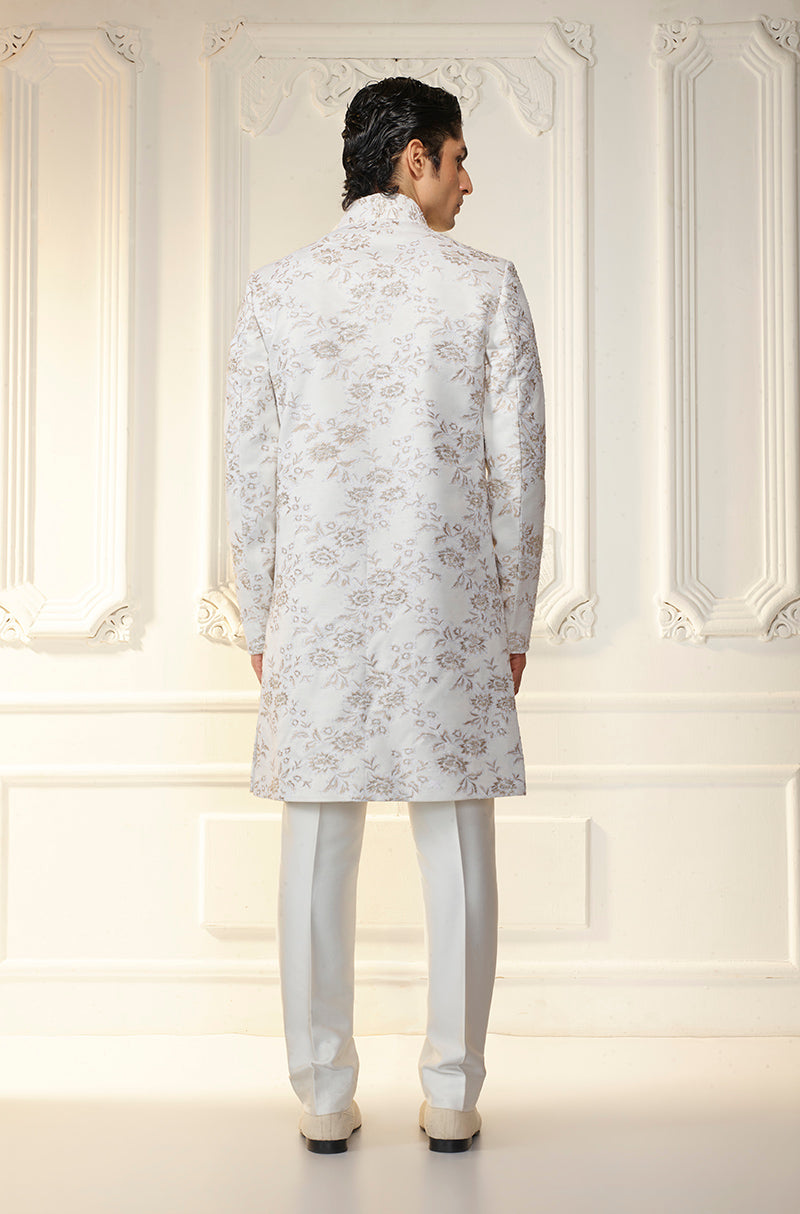 White Lace Motif Asymmetrical Sherwani Set