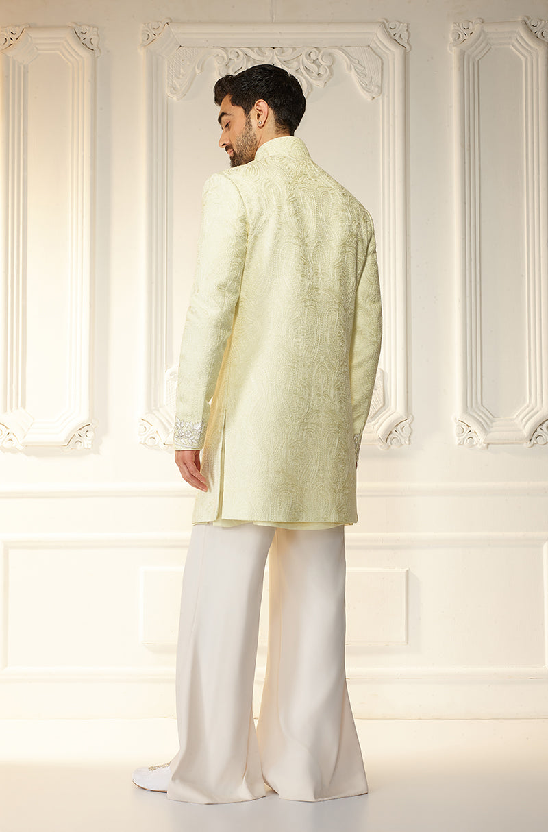 Lime Yellow Self Textured Sherwani Set
