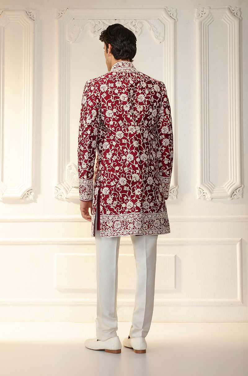 Maroon & Ivory Embroidered Sherwani Set