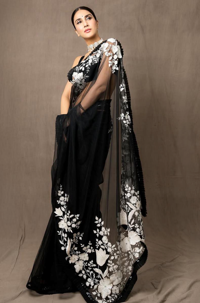 Vaani Kapoor in our Black Net Floral Embroidered Saree Set