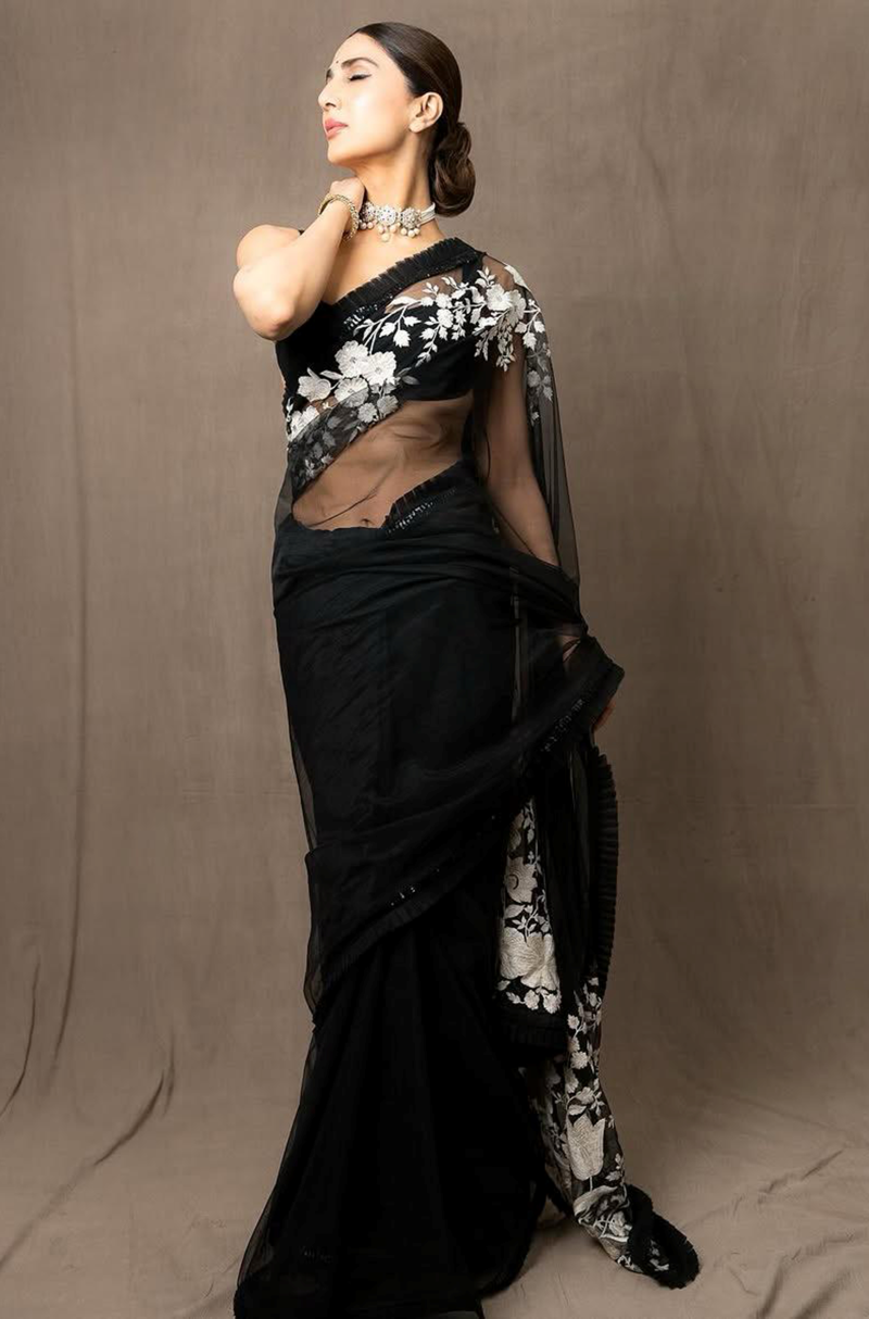 Vaani Kapoor in our Black Net Floral Embroidered Saree Set