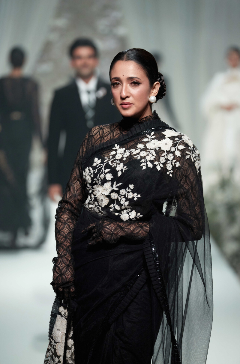 Black Net Floral Embroidered Saree Set