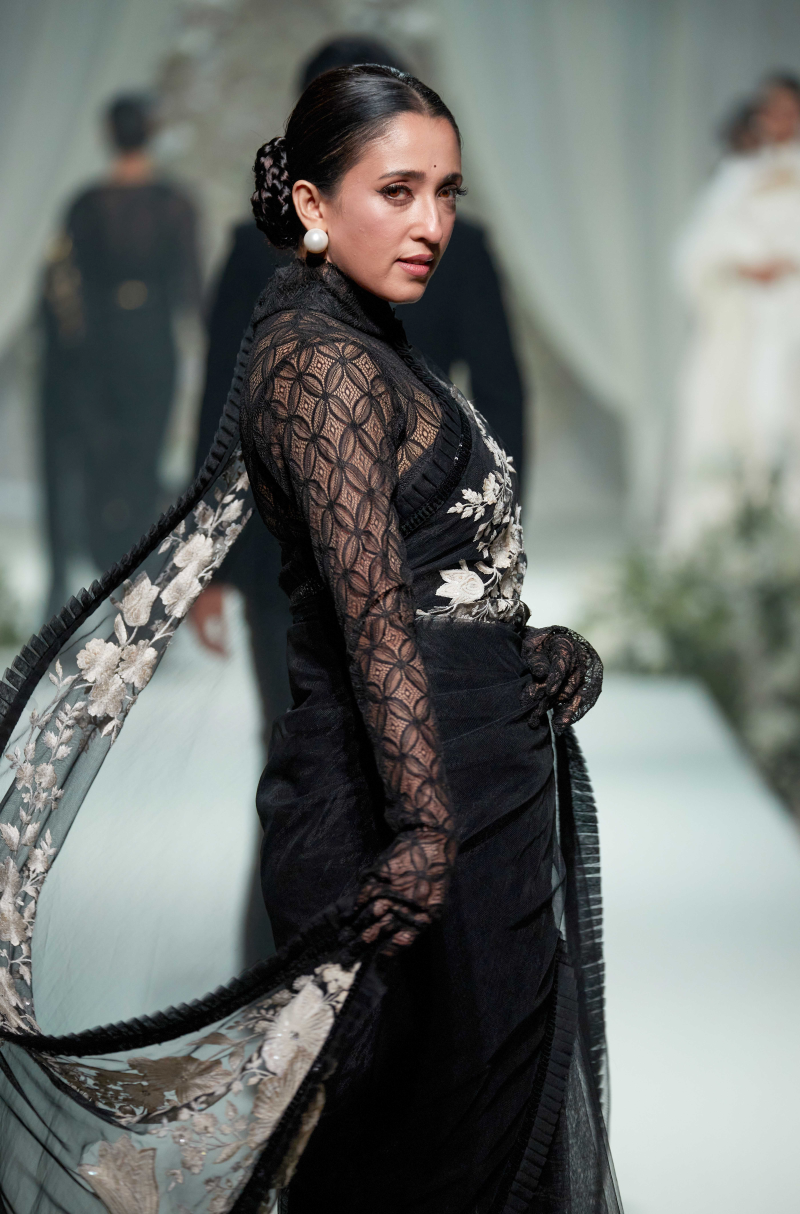 Black Net Floral Embroidered Saree Set