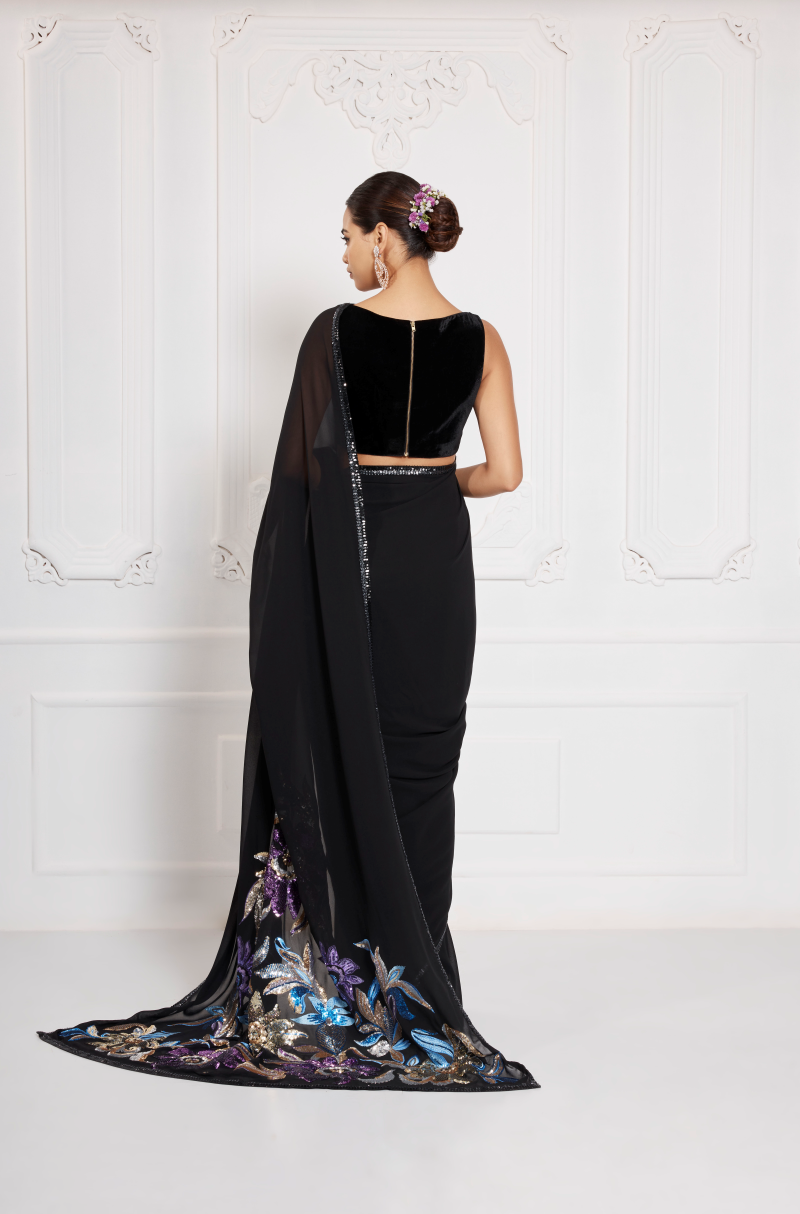 Black Georgette Sequin Embroidery Saree Set