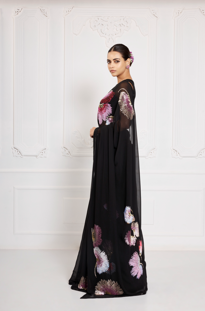 Black Georgette Floral Embroidered Saree Set