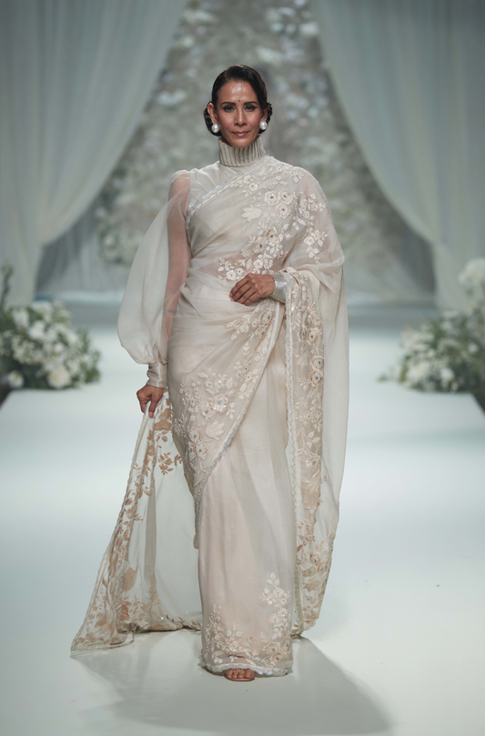Ivory Organza Floral Embroidered Saree Set