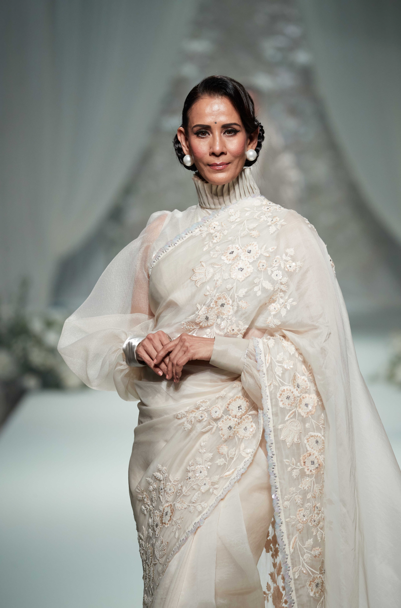 Ivory Organza Floral Embroidered Saree Set