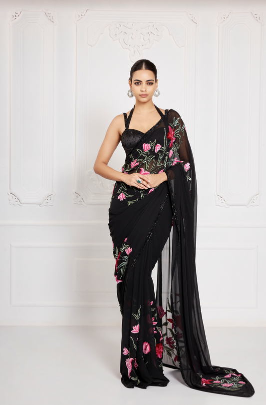 Black Georgette Pink & Green Embroidered Saree Set