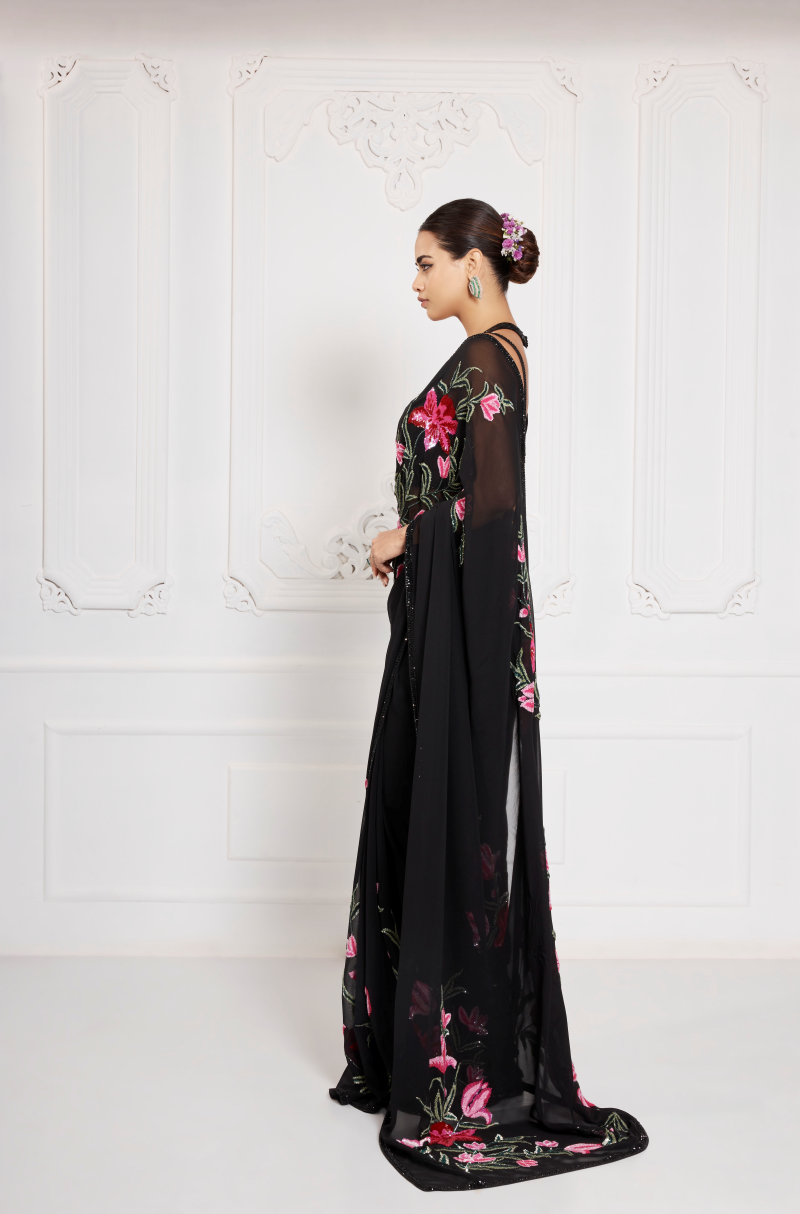 Black Georgette Pink & Green Embroidered Saree Set