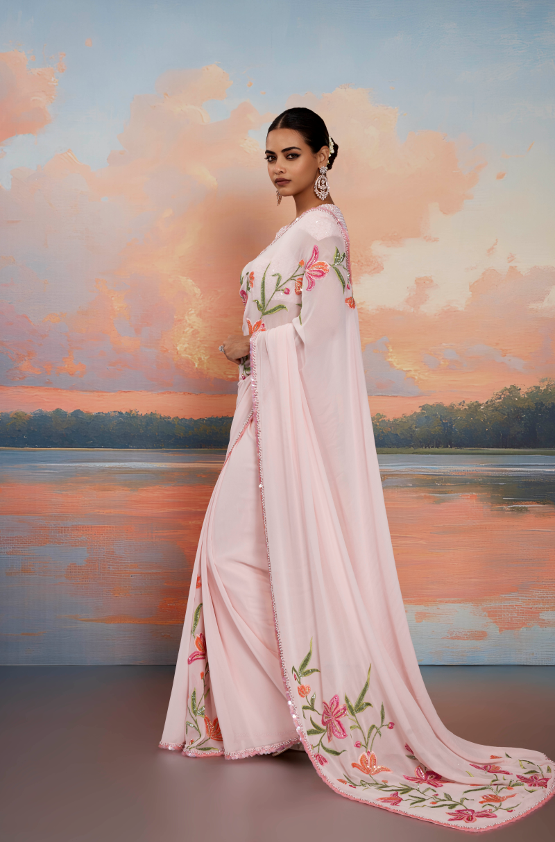 Baby Pink Multicolored Floral Sequin Saree Set