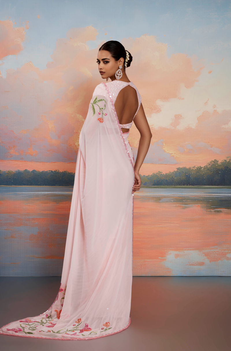 Baby Pink Multicolored Floral Sequin Saree Set