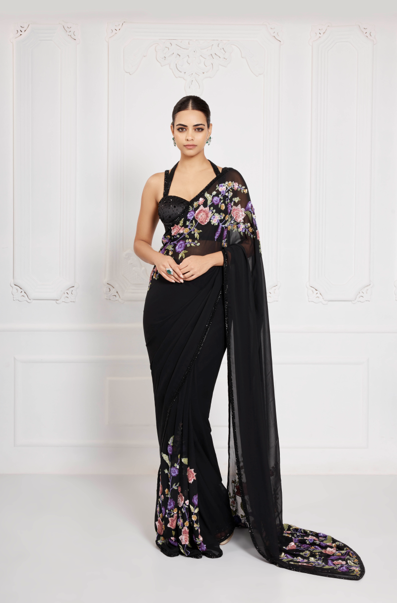 Black Multicoloured Floral Sequin Saree Set