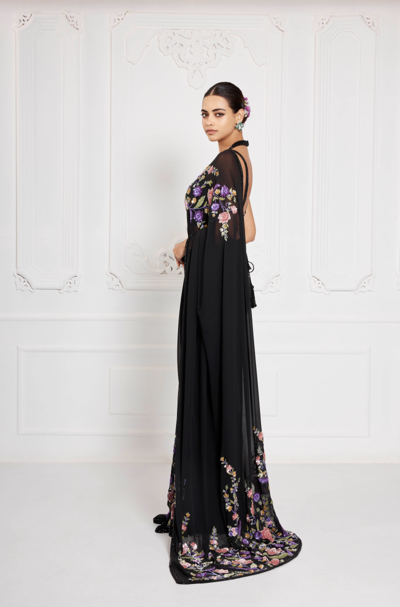 Black Multicoloured Floral Sequin Saree Set
