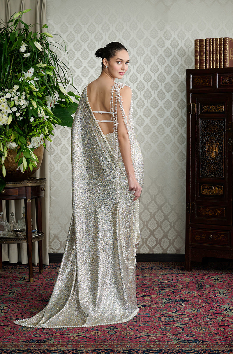 Silver-Gold Sequin Embrodiered Saree Set