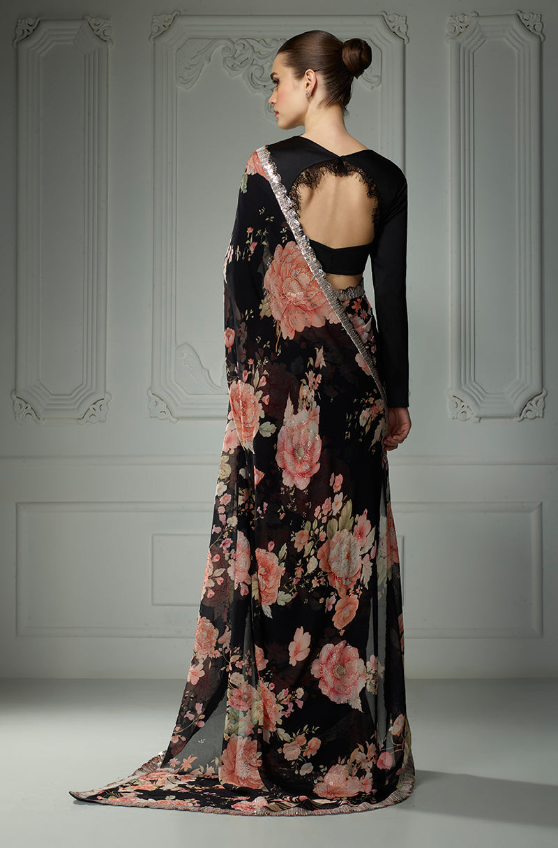 Black Floral Printed Saree Set