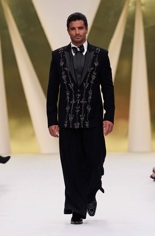 Black Stone Encrusted Italian Crepe Blazer Set