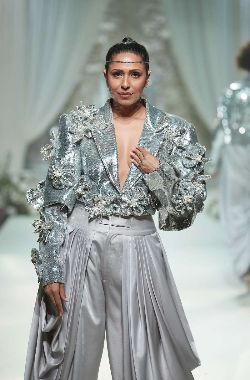 Silver Sequin 3D Floral Short Jacket Pant Set