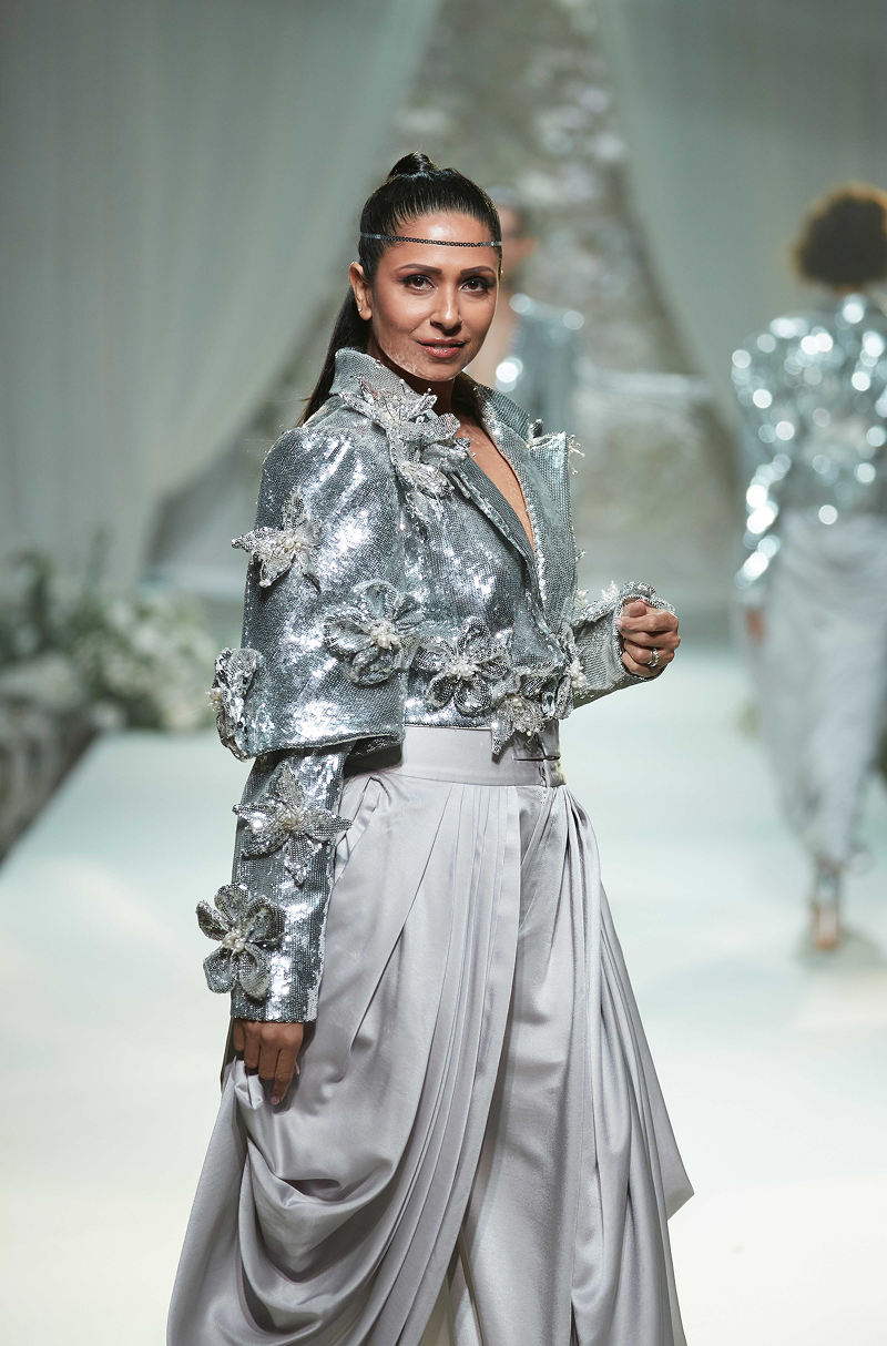 Silver Sequin 3D Floral Short Jacket Pant Set