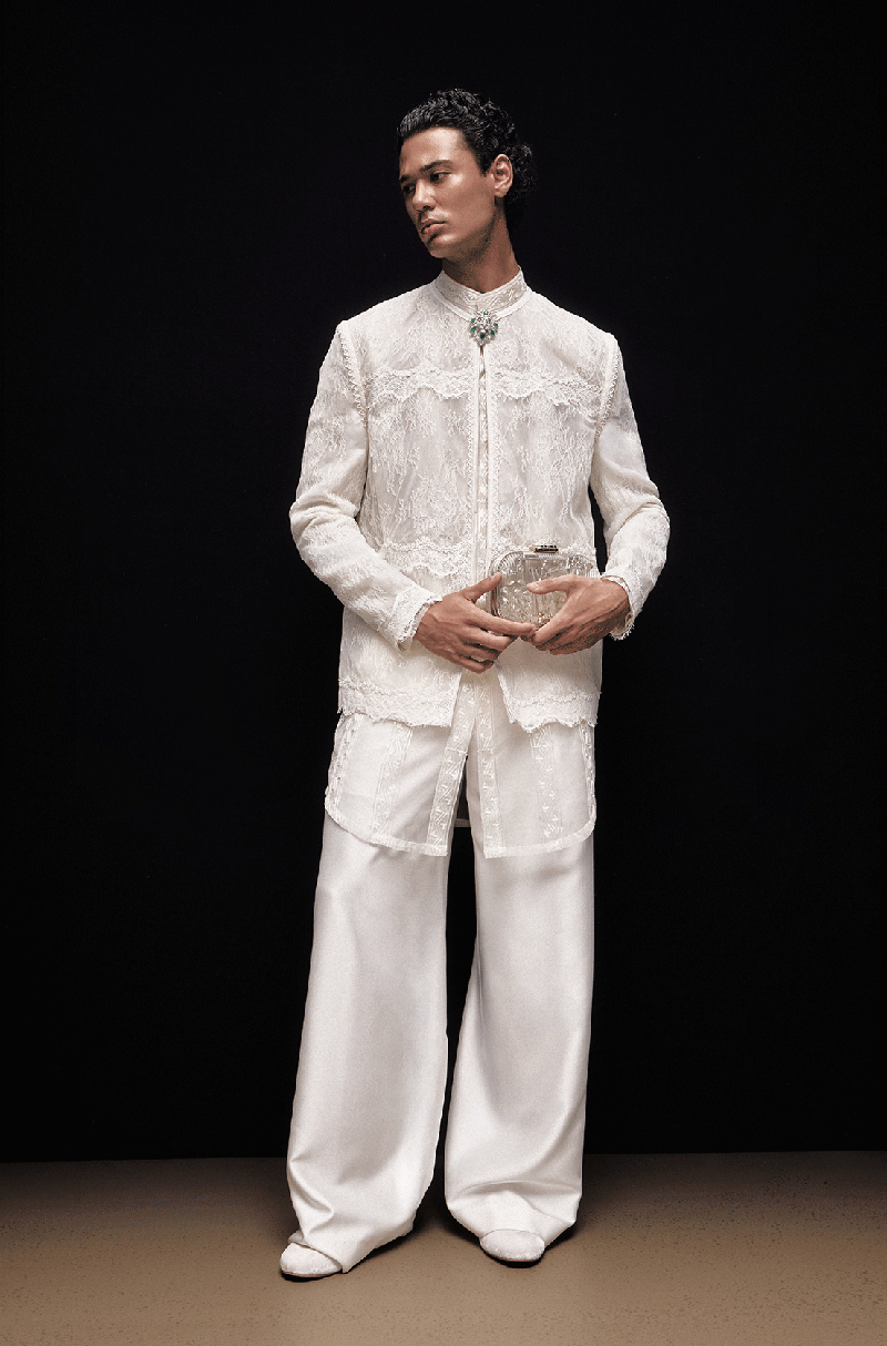 Ivory Lace Bandhgala Set