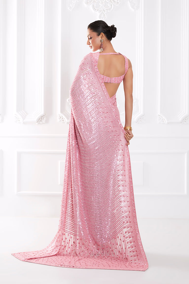 Pink Georgette Embroidered Saree Set