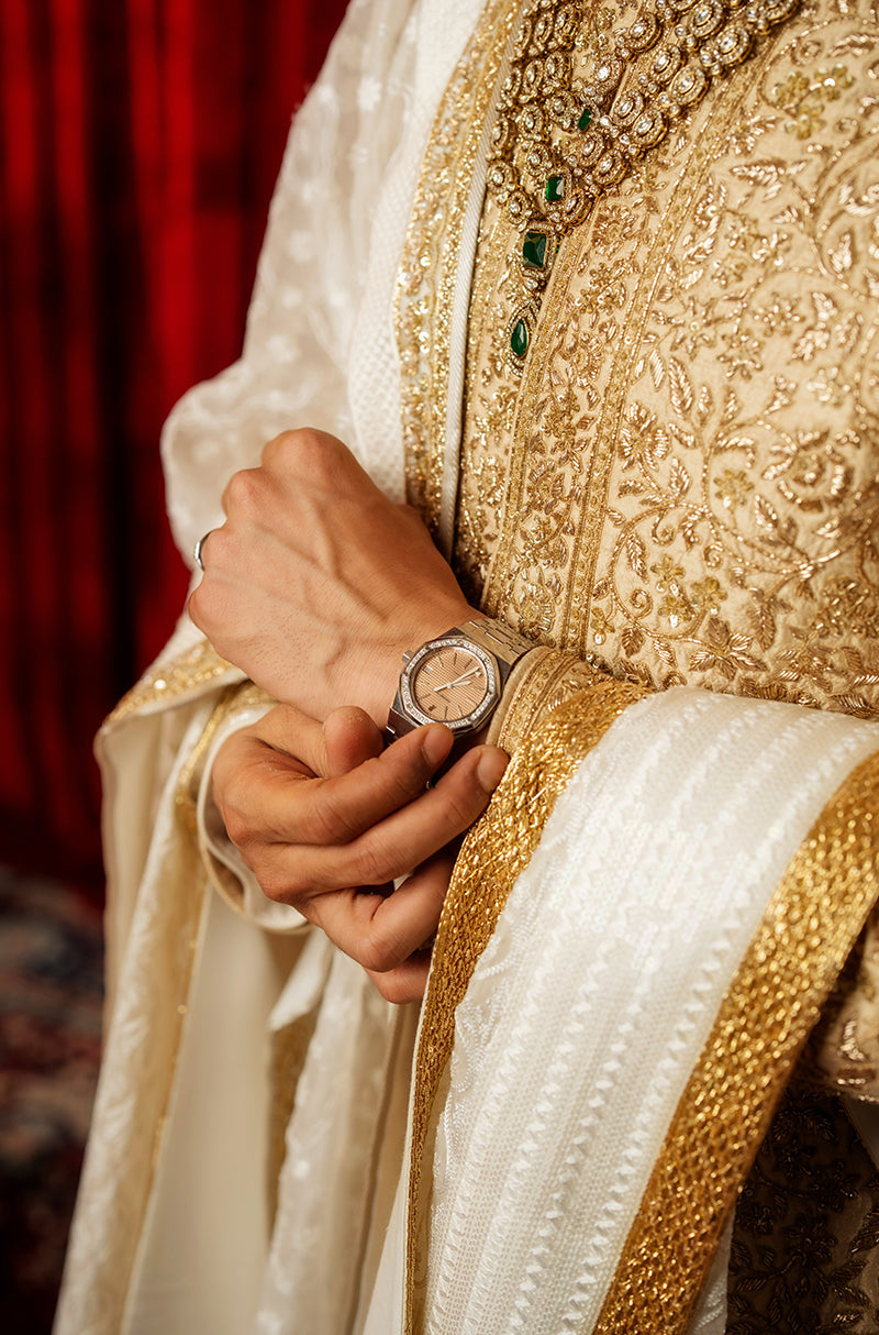 Groom: Faisal Shaikh in our Gold Embroidered Sherwani Set