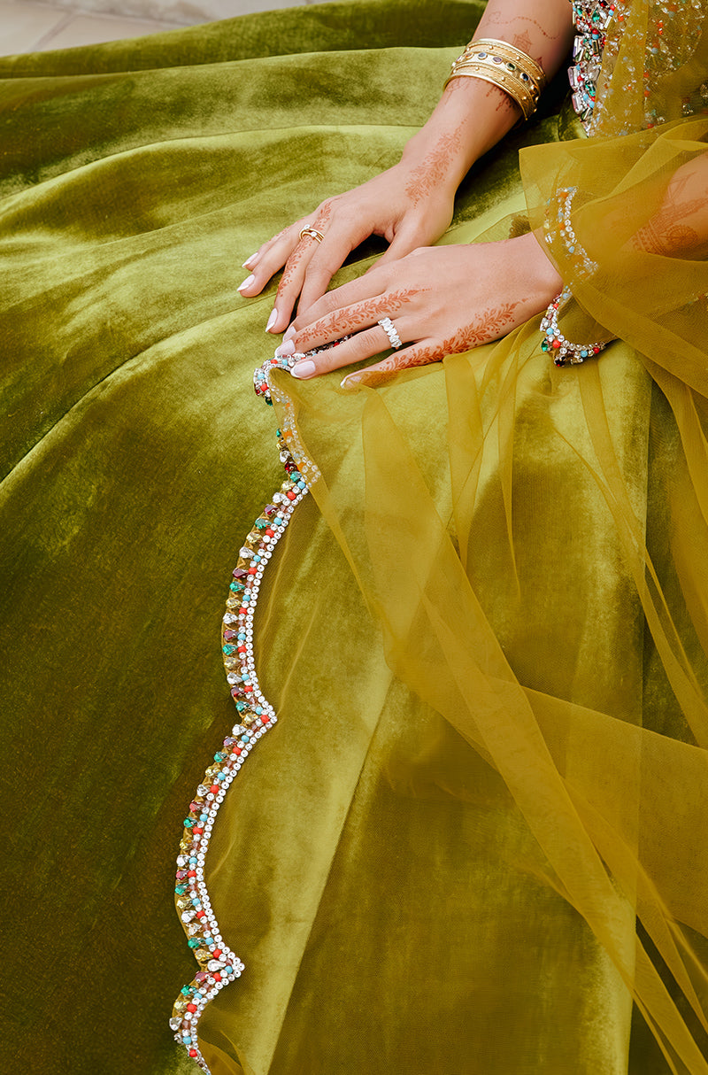 Bride: Radiyah Wazar in our Olive Green Velvet Skirt Set