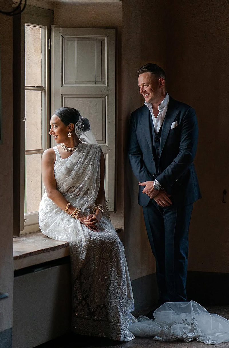 Bride: Aparna LaLonde in our White Embroidered Saree Set