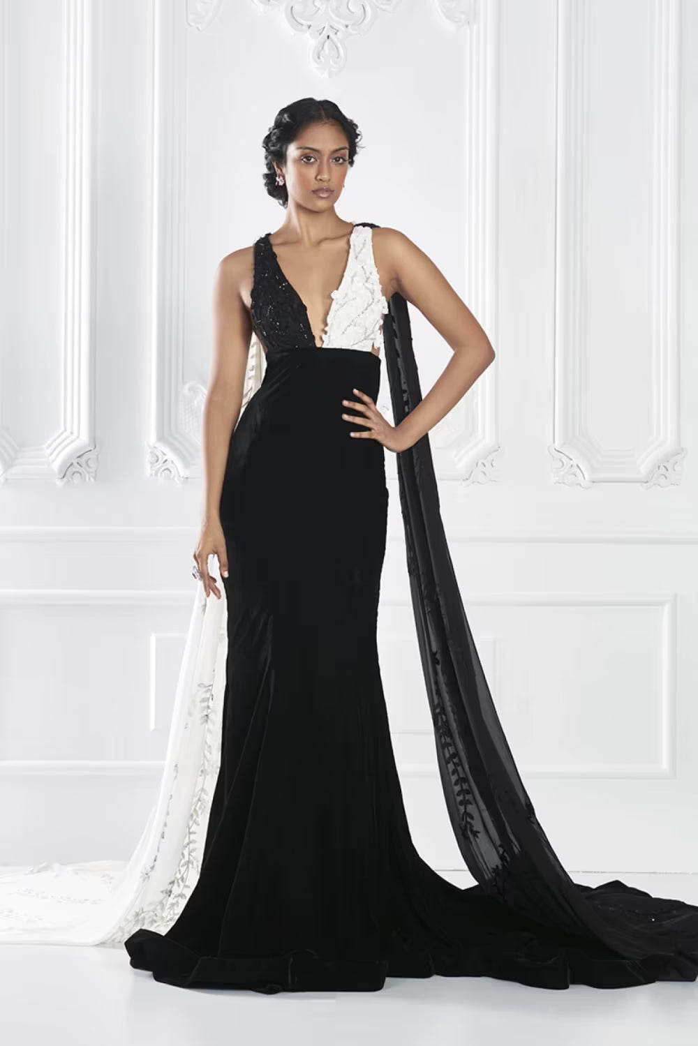 Ivory and Noir Draped Gown