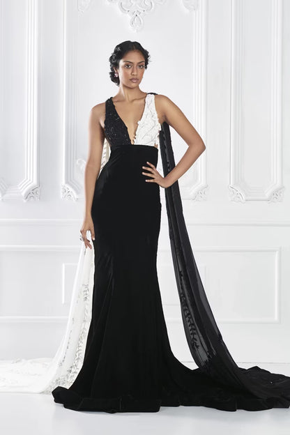 Ivory and Noir Draped Gown
