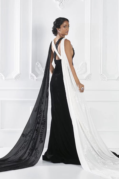Ivory and Noir Draped Gown