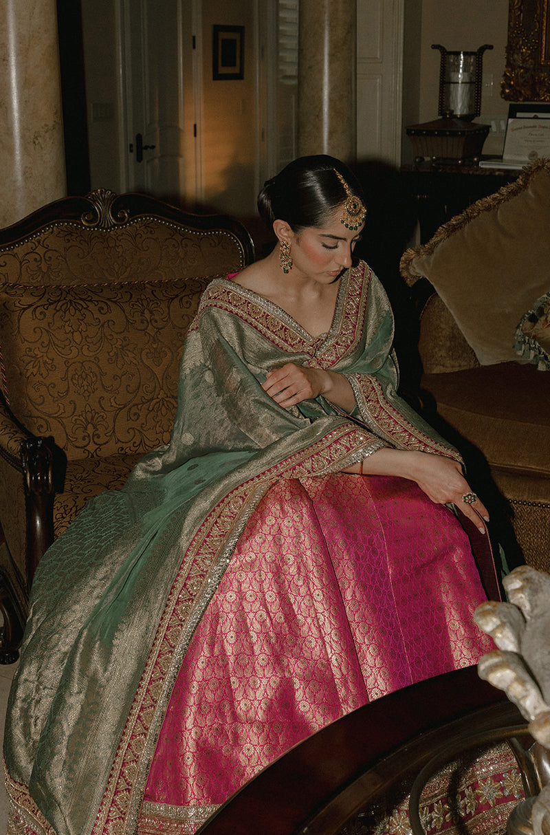 Bride: Simran Kalher in our Pink Brocade Lehenga Set