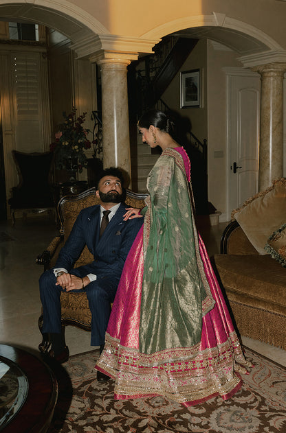 Bride: Simran Kalher in our Pink Brocade Lehenga Set