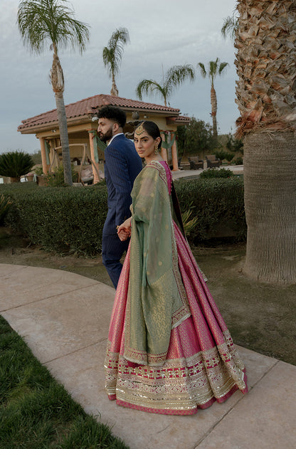 Bride: Simran Kalher in our Pink Brocade Lehenga Set