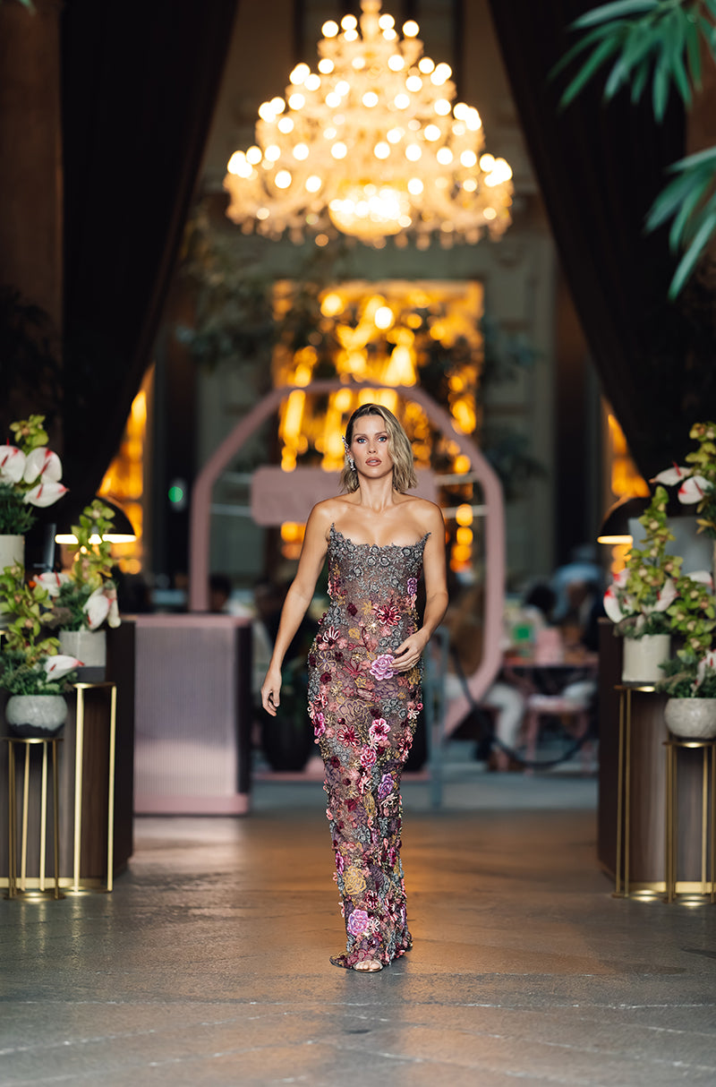 Claire Holt in our Antique Silver Hand-Painted Floral Gown