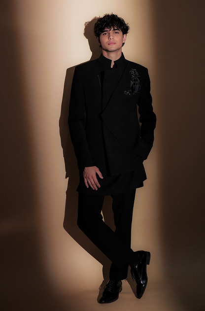 Abhay Verma in our Black Overlapped Bandhgala Set