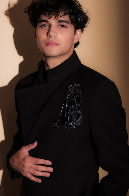 Abhay Verma in our Black Overlapped Bandhgala Set