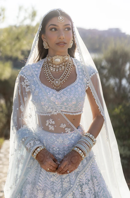 Bride: Mirai Kotecha in our Ice Blue Embroidered Lehenga Set