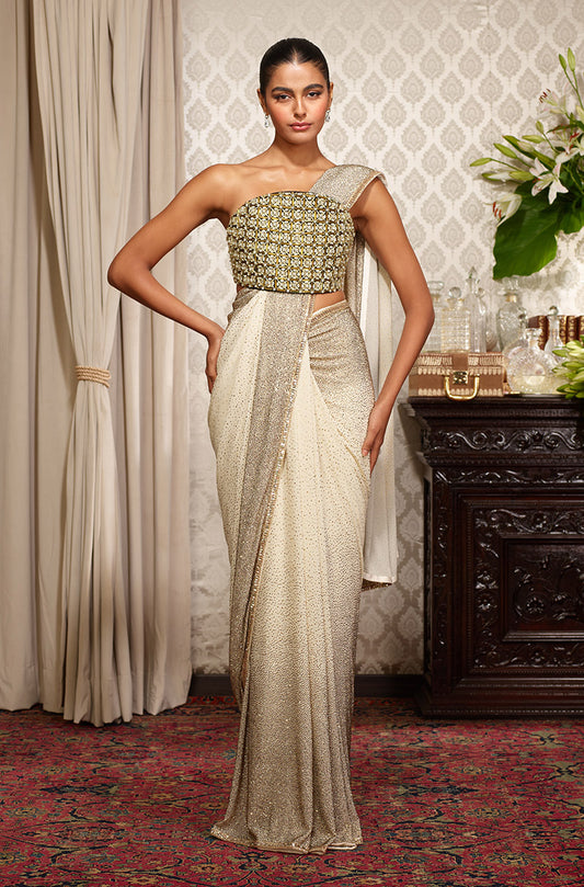 Ivory Georgette with Gold Encrusted Stones Saree Set