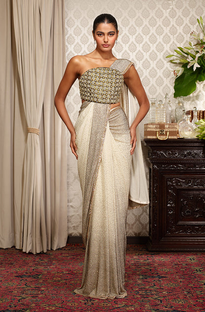Ivory Georgette with Gold Encrusted Stones Saree Set