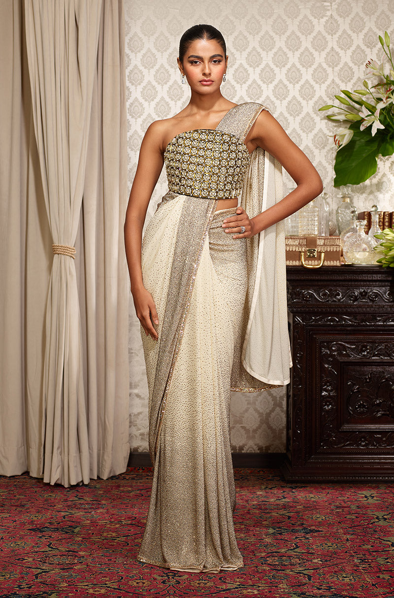 Ivory Georgette with Gold Encrusted Stones Saree Set