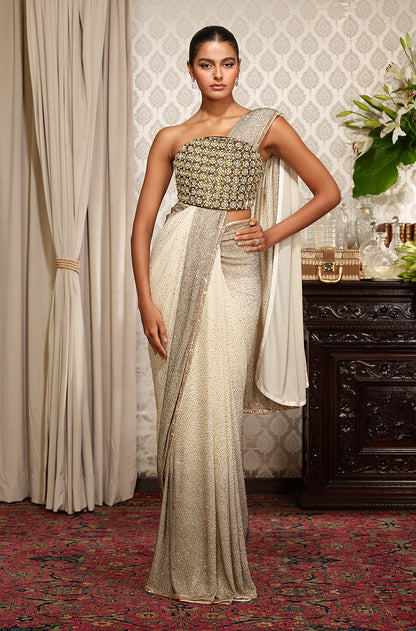 Ivory Georgette with Gold Encrusted Stones Saree Set