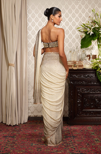Ivory Georgette with Gold Encrusted Stones Saree Set