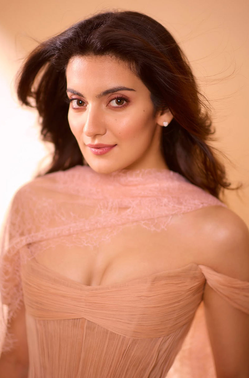 Pratibha Ranta in our Soft Peach Chiffon Pleated Saree Set