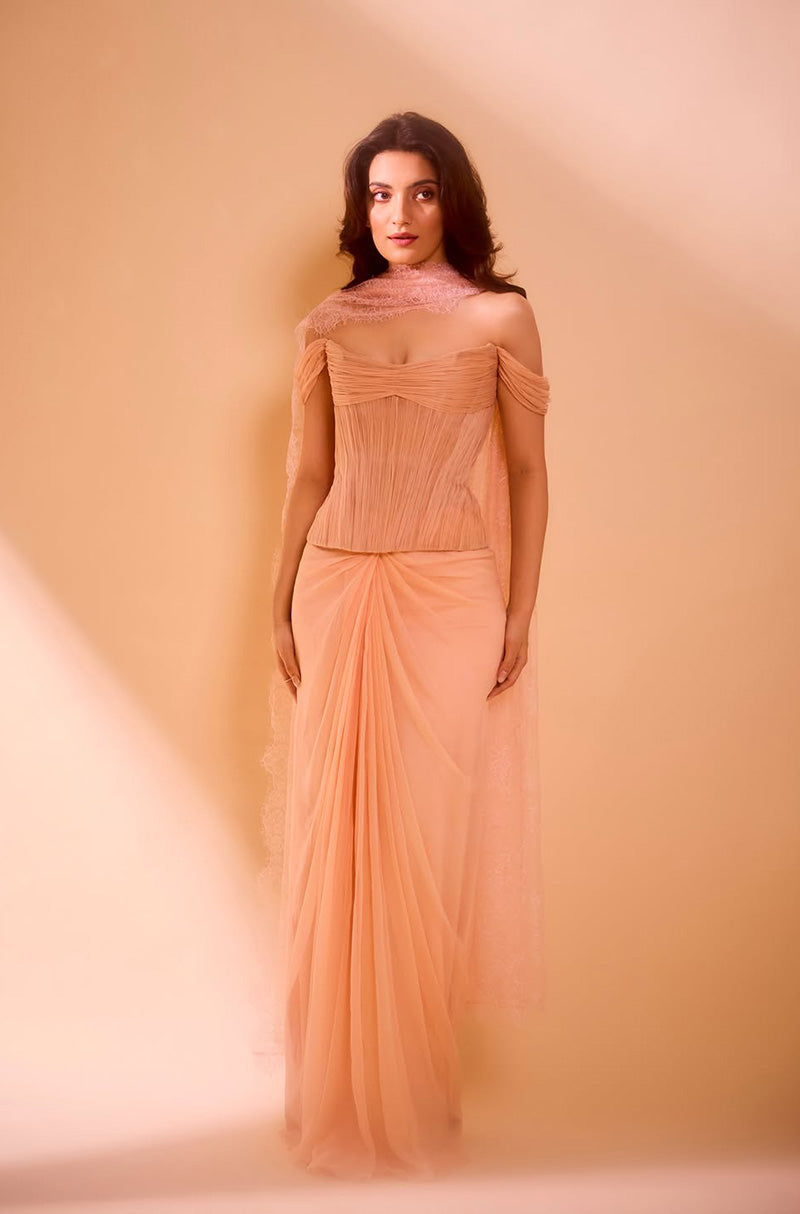 Pratibha Ranta in our Soft Peach Chiffon Pleated Saree Set