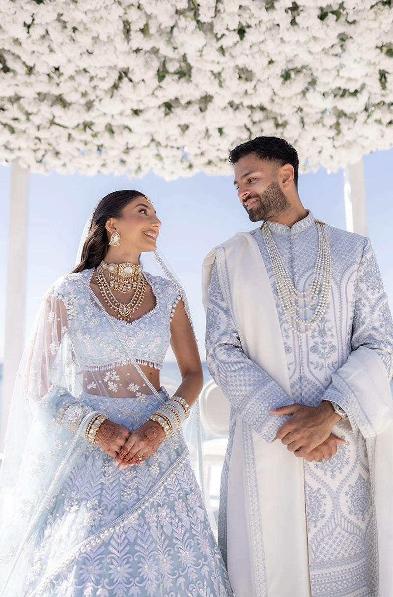 Bride: Mirai Kotecha in our Ice Blue Embroidered Lehenga Set