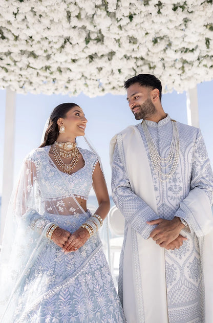 Bride: Mirai Kotecha in our Ice Blue Embroidered Lehenga Set