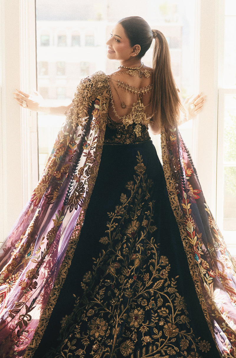 Sudha Reddy in our Deep Royal Blue Velvet The Tree of Life-a monumental couture